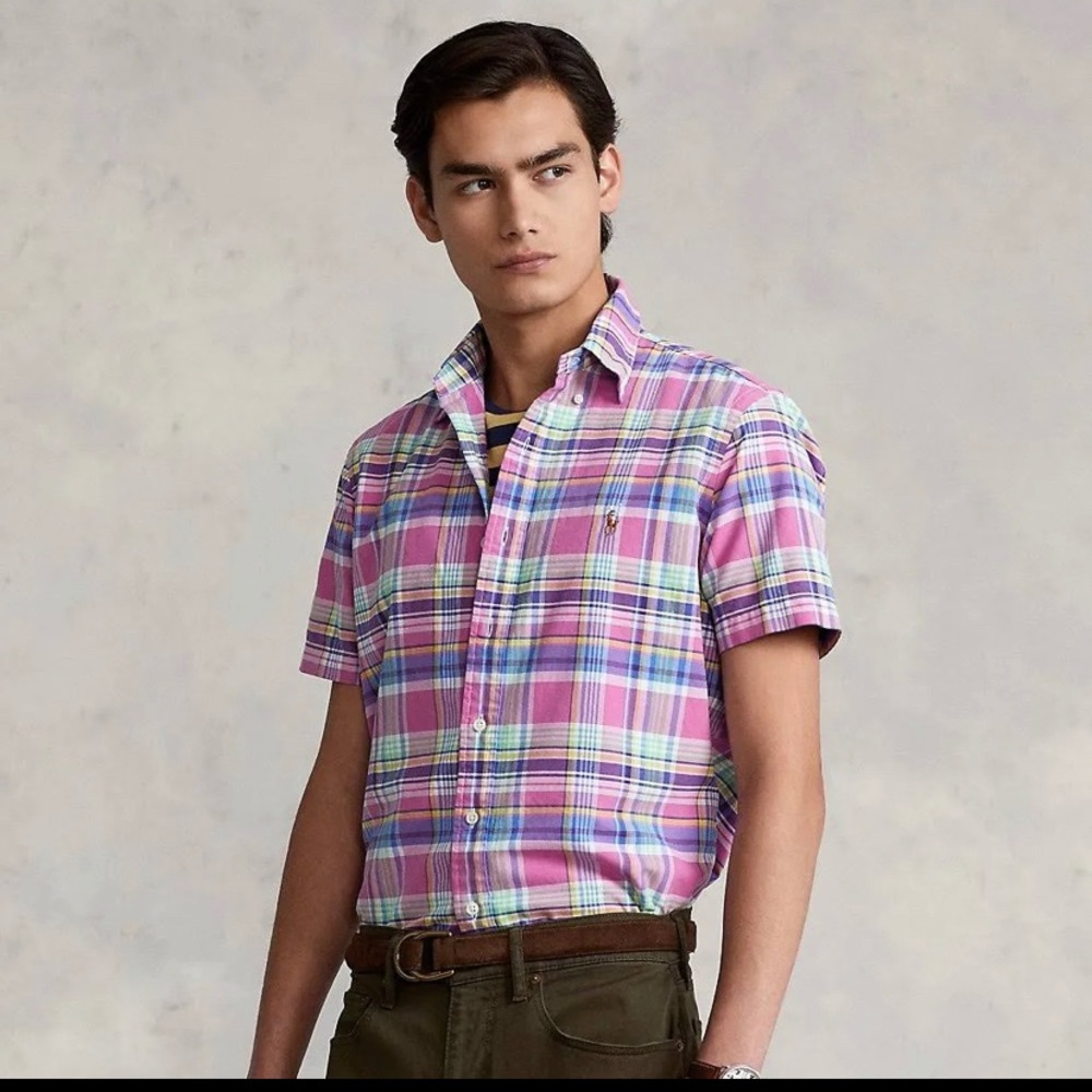MEN’s Polo Ralph Lauren Short sleeve button down pink and green plaid XL